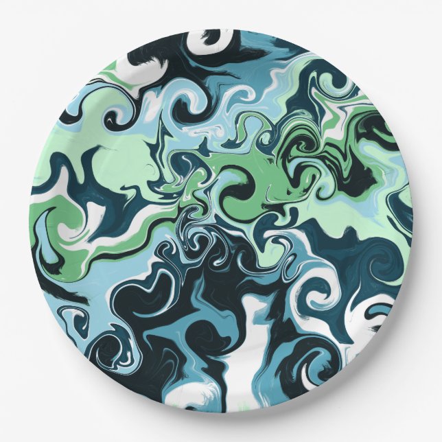 Blue, Green and White swirls Abstract Fluid Art    Paper Plate (Front)
