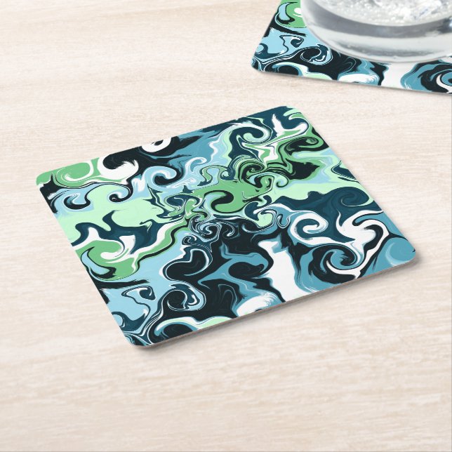 Blue, Green and White swirls Abstract Fluid Art    Square Paper Coaster (Angled)