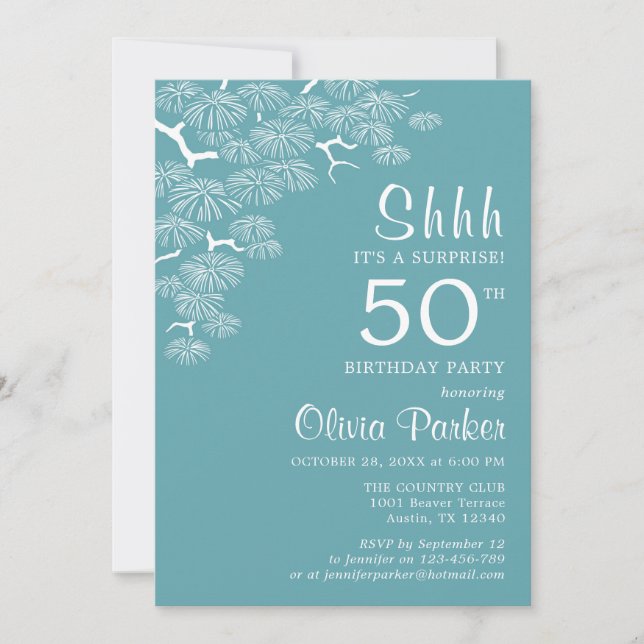 Blue Green Aqua Pine Branch Surprise 50th Birthday Invitation (Front)