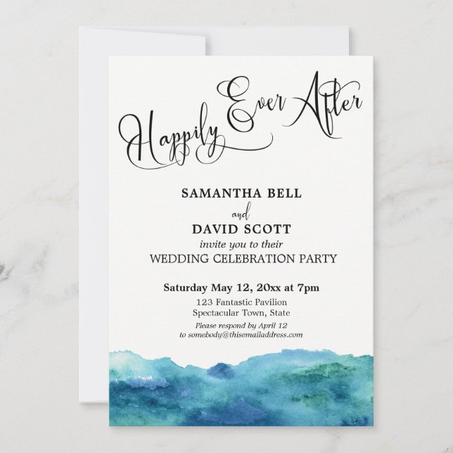 Blue Green Aqua Watercolor Happily Ever After Invitation (Front)