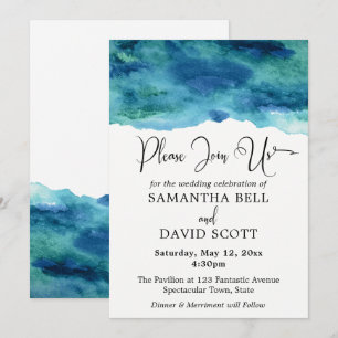 Blue Green Aqua Watercolor Modern Wedding 1 Invitation