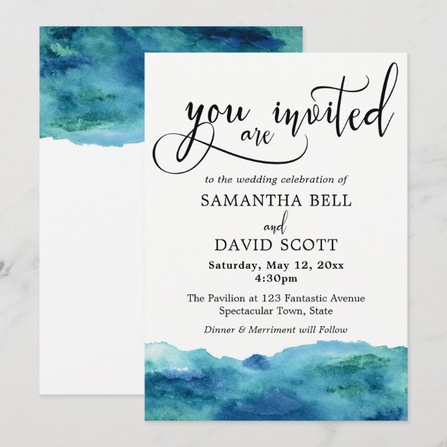 Blue Green Aqua Watercolor Modern Wedding 2b Invitation (Front/Back)