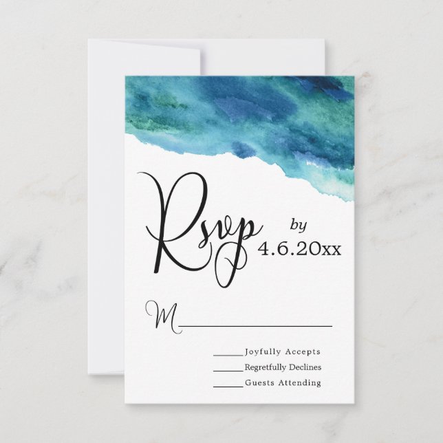 Blue Green Aqua Watercolor Modern Wedding RSVP 1 (Front)