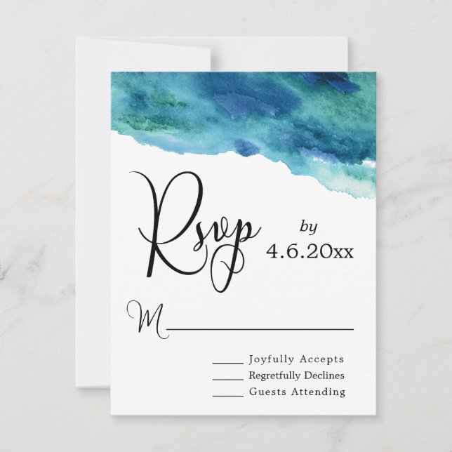 Blue Green Aqua Watercolor Modern Wedding RSVP 2 (Front)