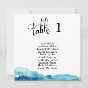 Blue Green Aqua Watercolor Table Number Card