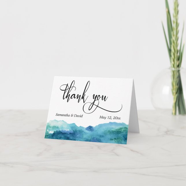 Blue Green Aqua Watercolor Wedding Thank You 3 (Front)