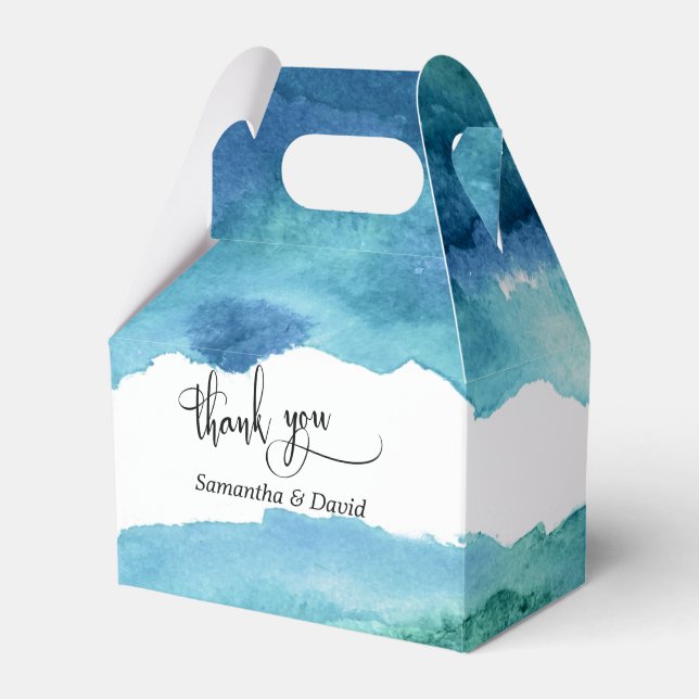 Blue Green Aqua Watercolor Wedding Thank You Favour Box (Front Side)