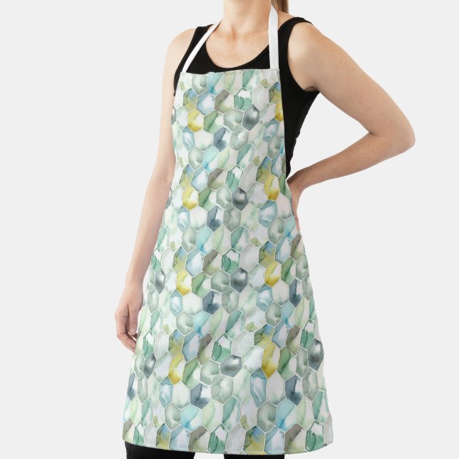 Blue & Green Aquarelle Honycomb Pattern Apron (Insitu)