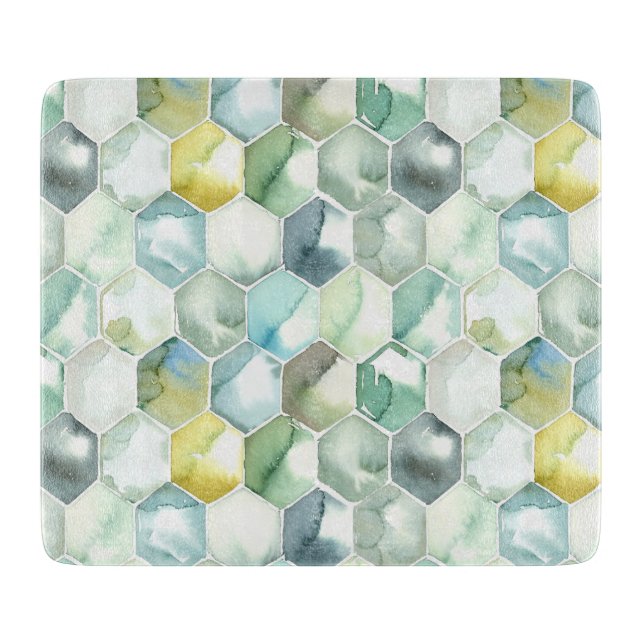 Blue & Green Aquarelle Honycomb Pattern Cutting Board (Front)