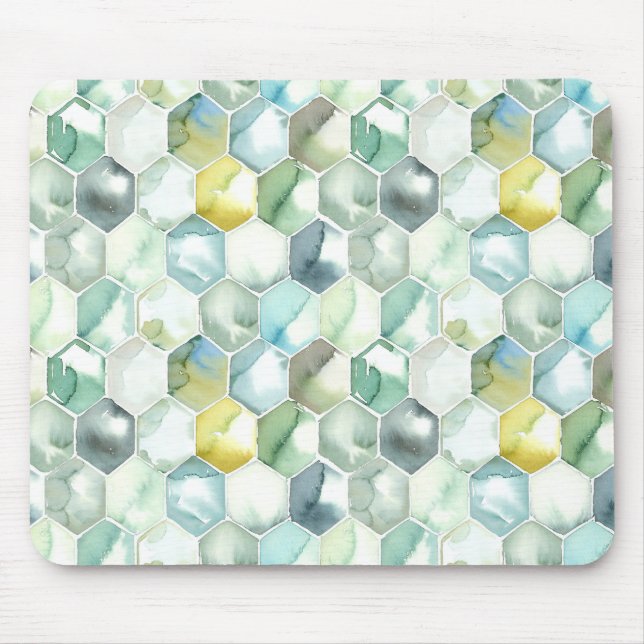 Blue & Green Aquarelle Honycomb Pattern Mouse Mat (Front)