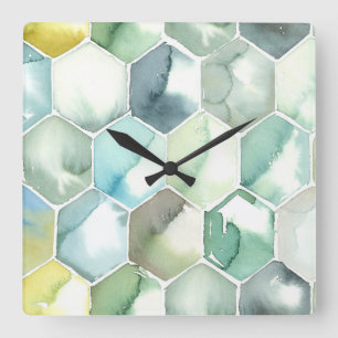Blue & Green Aquarelle Honycomb Pattern Square Wall Clock