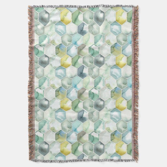 Blue & Green Aquarelle Honycomb Pattern Throw Blanket (Front Vertical)