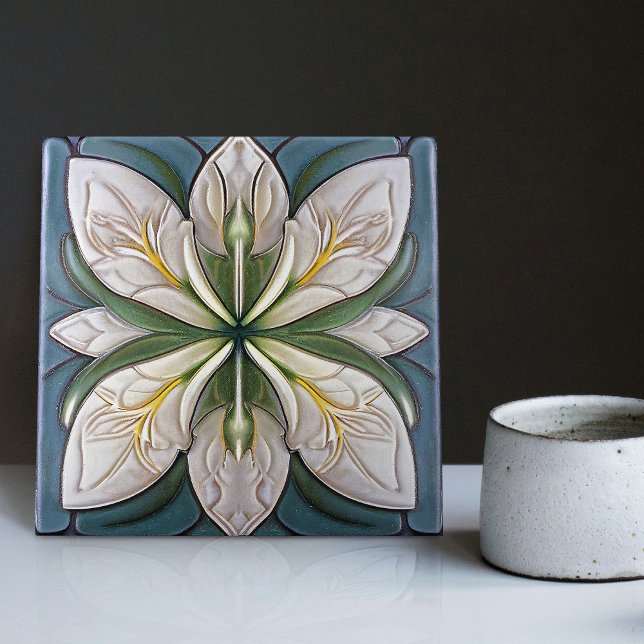 Blue Green Art Deco Floral Wall Decor Art Nouveau Tile (Creator Uploaded)