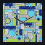 Blue Green Art Deco Stained Glass Square Wall Clock<br><div class="desc">This wall clock has an square block art deco pattern in digital stained glass. A colourful geometric design in colours of blue,  aquamarine,  and green,  perfect for a pop of colour in your home decor.  You can make the pattern on this clock bigger or smaller.</div>