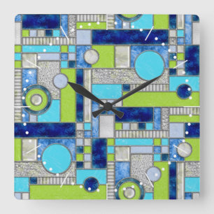 Blue Green Art Deco Stained Glass Square Wall Clock