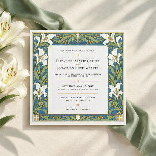 Blue Green Art Nouveau Lily Wedding Invitation