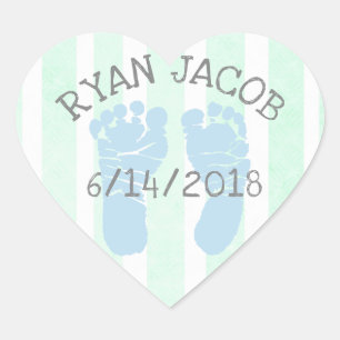 Blue Green Baby Announcement Footprints Heart Sticker