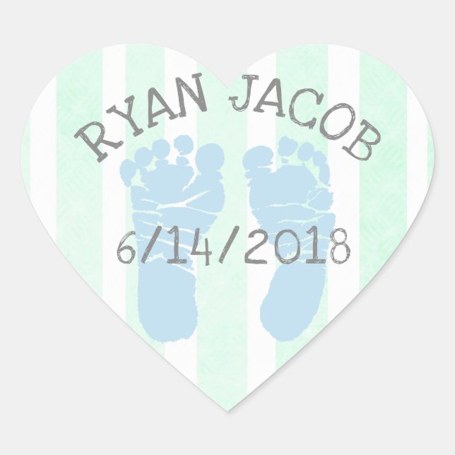 Blue Green Baby Announcement Footprints Heart Sticker (Front)