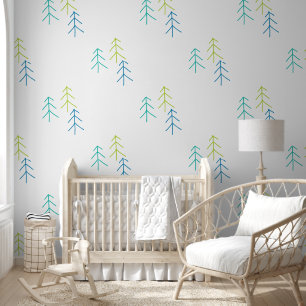 Blue & Green Baby Boy Nursery Decor Pine Trees  Wallpaper