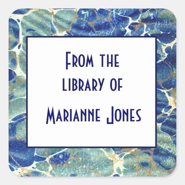 Blue & Green Batik Marble Book Name Plate Square Sticker (Front)