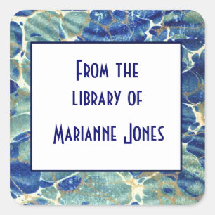 Blue & Green Batik Marble Book Name Plate Square Sticker
