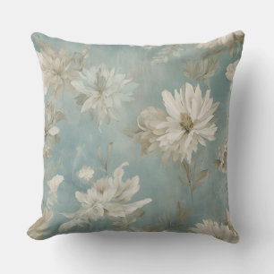 Blue Green Beige Abstract Watercolor Floral Print Cushion