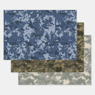 Blue, Green & Beige Pixel Camo Camouflage Wrapping Paper Sheet