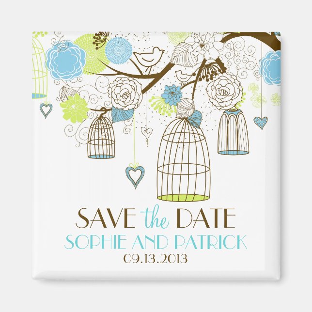 Blue & Green Birdcages Floral Save the Date Magnet (Front)