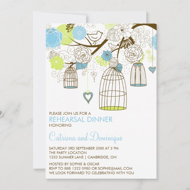 Blue & Green Birdcages Rehearsal Dinner Invitation (Front)