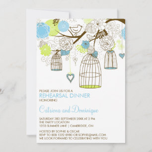 Blue & Green Birdcages Rehearsal Dinner Invitation
