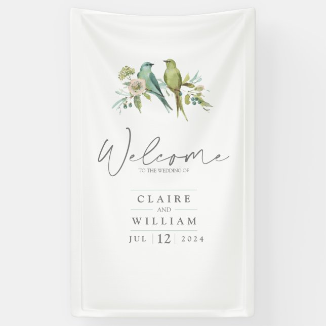 Blue Green Birds Botanical Watercolor Wedding Banner (Vertical)