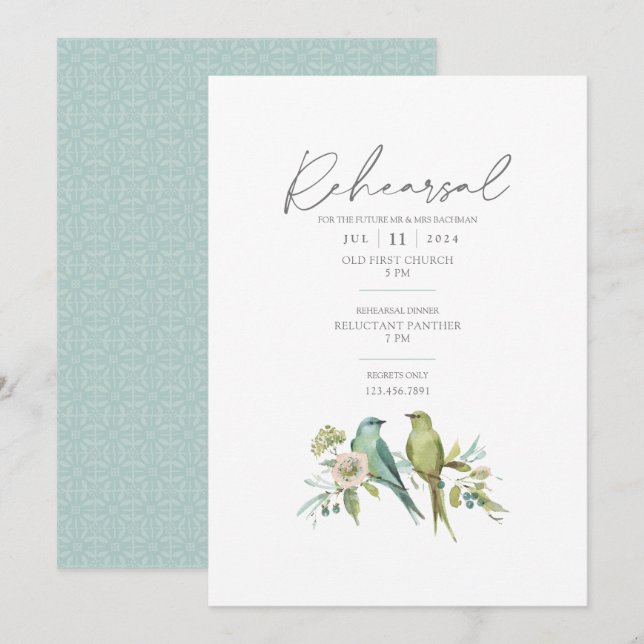 Blue Green Birds Botanical Watercolor Wedding Invitation (Front/Back)