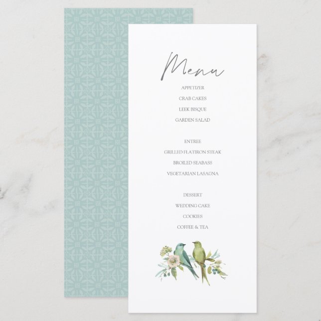 Blue Green Birds Botanical Watercolor Wedding Menu (Front/Back)