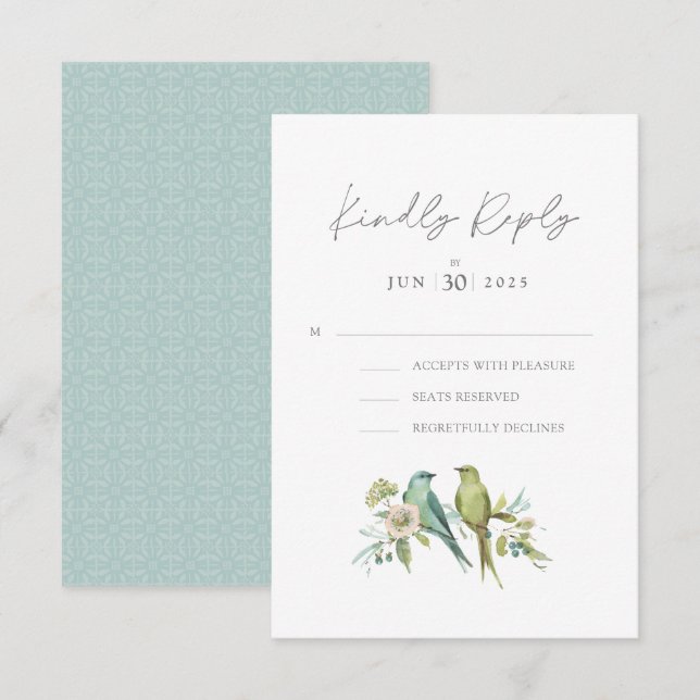 Blue Green Birds Botanical Watercolor Wedding RSVP Card (Front/Back)