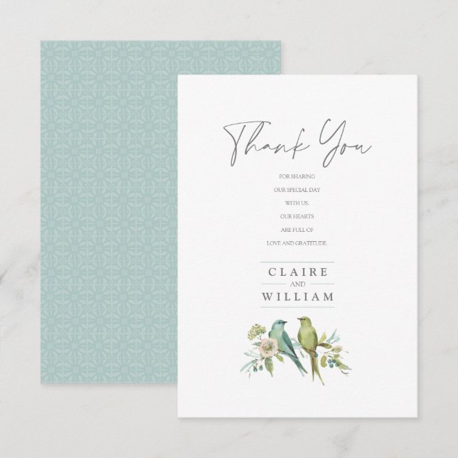 Blue Green Birds Botanical Watercolor Wedding Thank You Card (Front/Back)