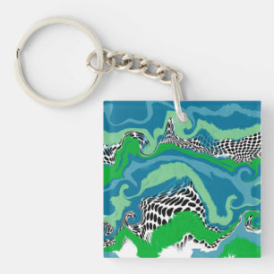 Blue, Green, Black and White Abstract Fluid Art Key Ring