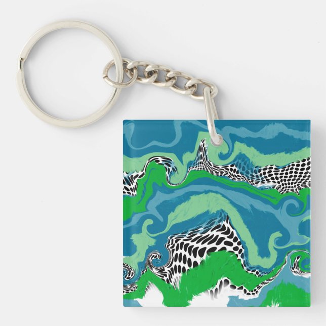 Blue, Green, Black and White Abstract Fluid Art    Key Ring (Front)