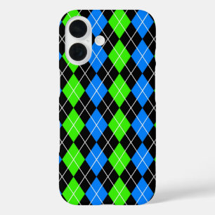 Blue Green Black Argyle Diamond Design iPhone 16 Case