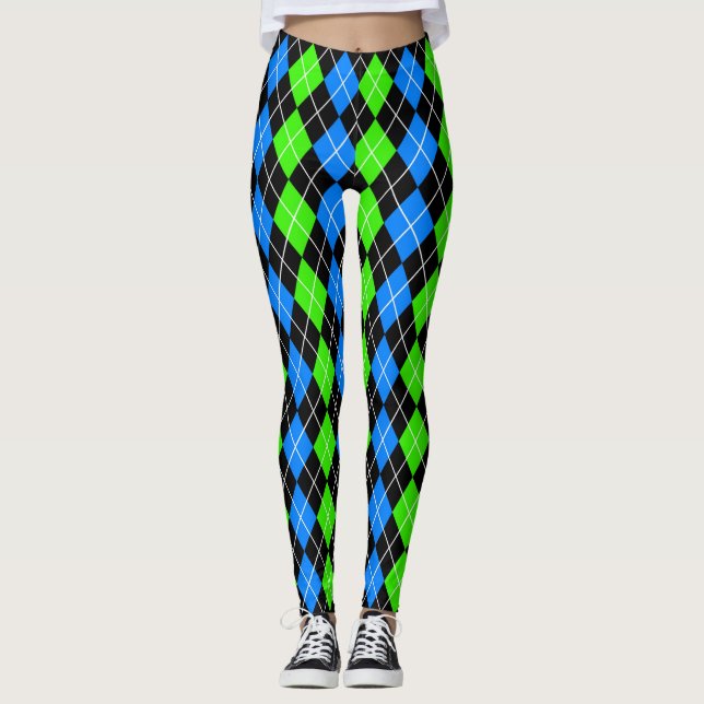 Blue Green Black Argyle Diamond Design  Leggings (Front)