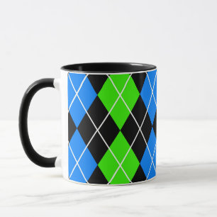 Blue Green Black Argyle Diamond Design Mug