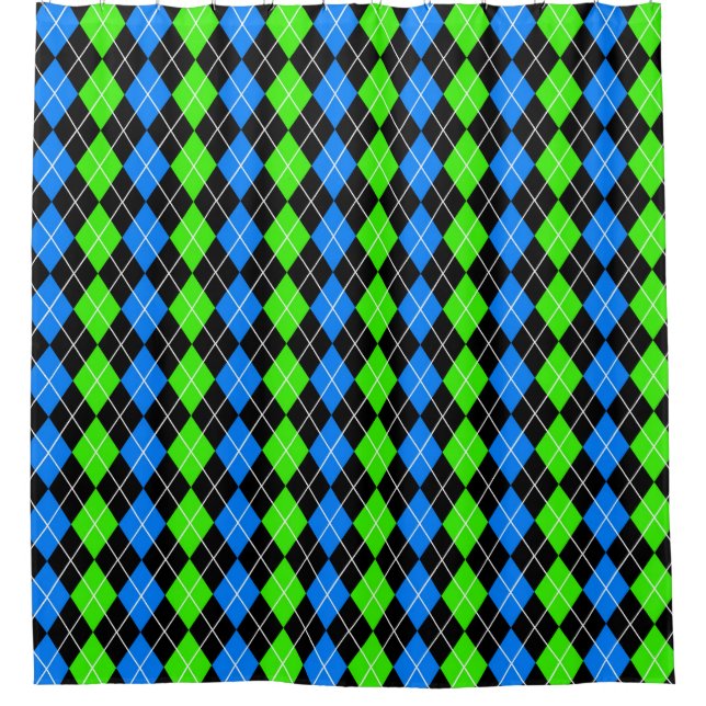 Blue Green Black Argyle Diamond Design  Shower Curtain (Front)