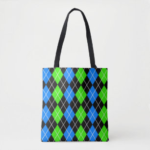 Blue Green Black Argyle Diamond Design Tote Bag