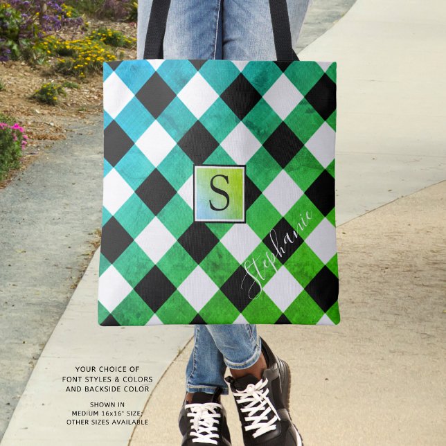 Blue Green & Black Buffalo Check Plaid Monogram Tote Bag (Creator Uploaded)