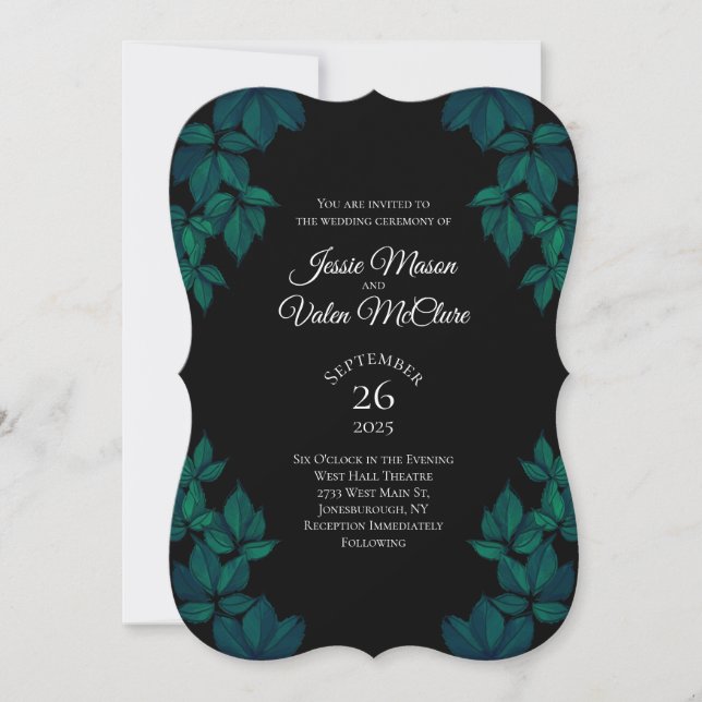 Blue Green Black Leaves Gothic Elegant Wedding Invitation (Front)
