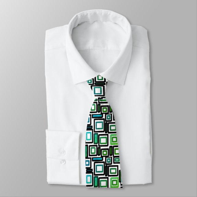 Blue Green Black White Geometric Blocks Tie (Tied)