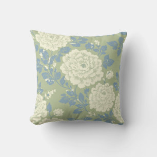 Blue Green Block Print Floral Throw Pillow