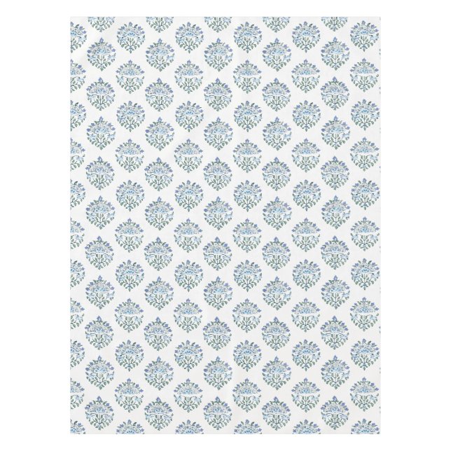 Blue Green Block Print Medallion Floral Tablecloth (Front)