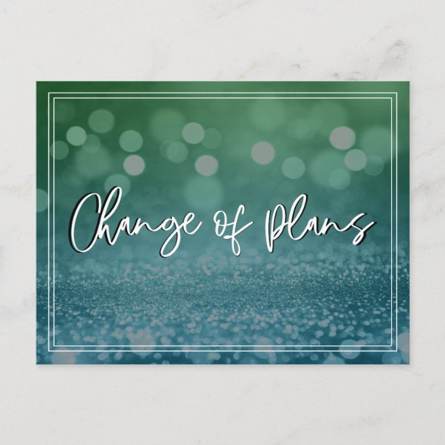 Blue Green Bokeh Change of Plans Postponed Wedding Postcard (Front)