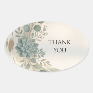 Blue Green Botanical Oval Thank You Sticker