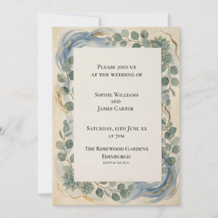Blue Green Botanical Wedding Invitation